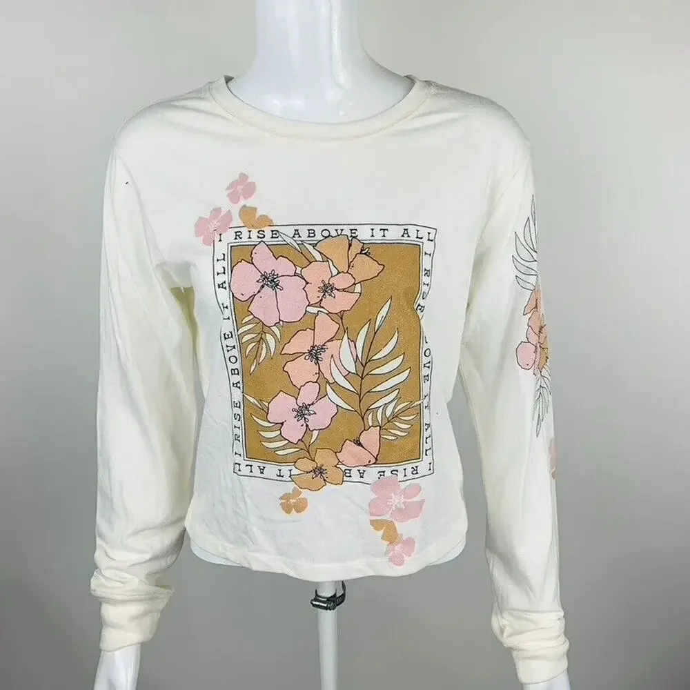New Love Tribe Juniors Small T-Shirt I Rise Above Long Sleeve Ivory‎ Floral NWT - Picture 3 of 8